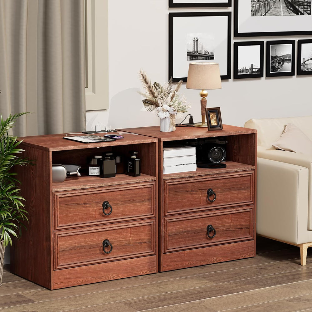 Bigbiglife Farmhouse End Table with Charging Station, 21.7inch Wide Bedside T...
