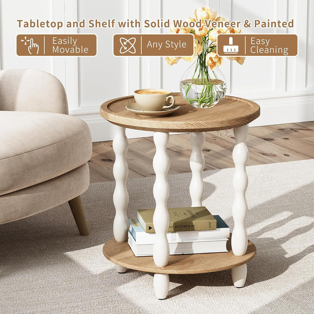 Round End Table, 2-Tier Farmhouse End Table, 18.5'' Handcrafted Weath...