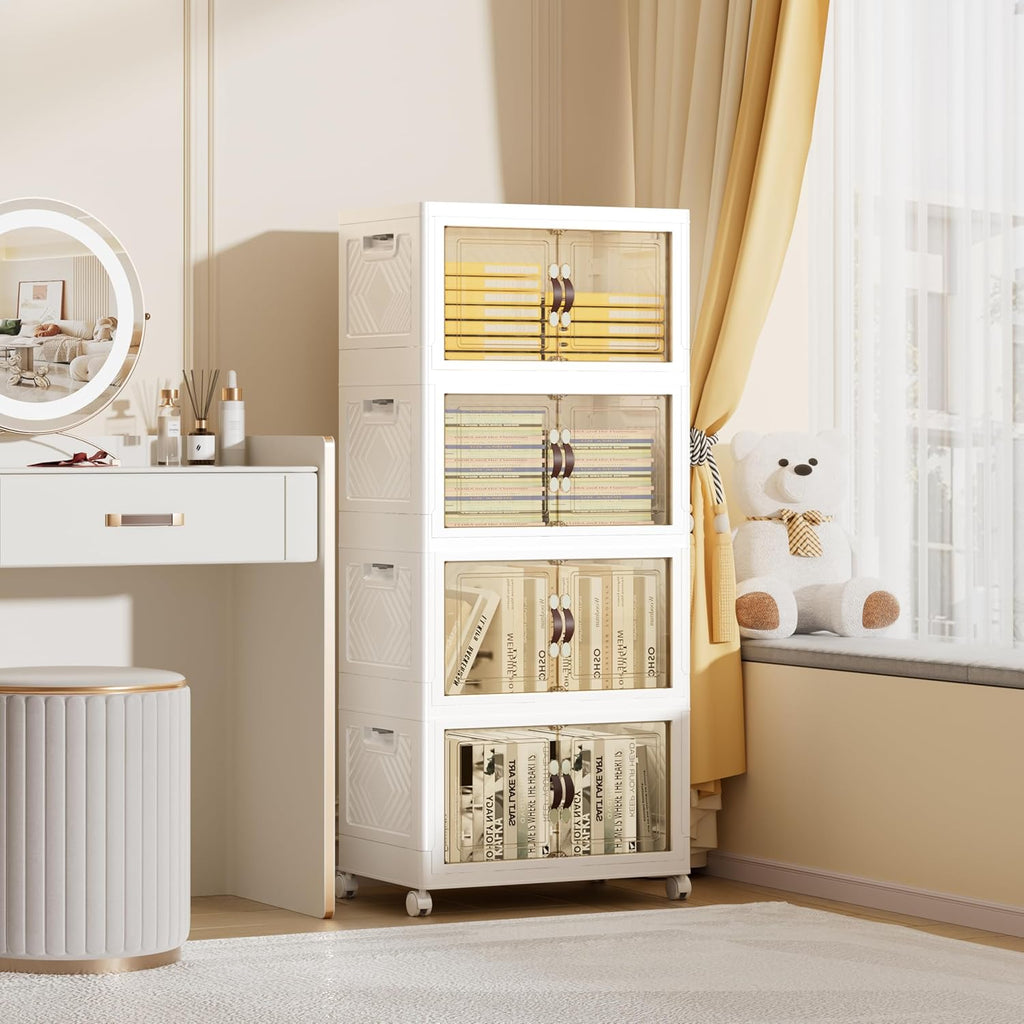 200 QT / 50 Gal Rolling Foldable Storage Cabinet with Stackable Feature - Double Magnetic Doors, Leather Handles, Durable Plastic for Closet/Office, Easy Assembly & Move