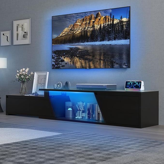Verano Garden Extendable TV Stand with Led Lights, Wood TV Media Console with 2 Drawers & 1 Cabinet, Modern Entertainment Center Up to 90 Inch TV for Living Room Bedroom, 63" - 90.6" (Black)