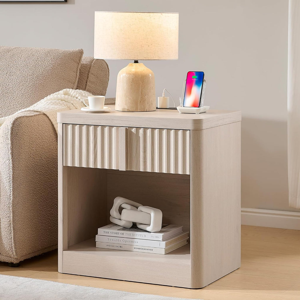 Fluted Nightstand Set of 2 with Charging Station, 23.6" End Table with Open Shelf and Drawers Storage, Bedside Table with Solid Wood Handle, Curved Profile Design, Night Stand for Bedroom