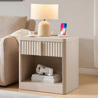 Fluted Nightstand Set of 2 with Charging Station, 23.6" End Table with Open Shelf and Drawers Storage, Bedside Table with Solid Wood Handle, Curved Profile Design, Night Stand for Bedroom
