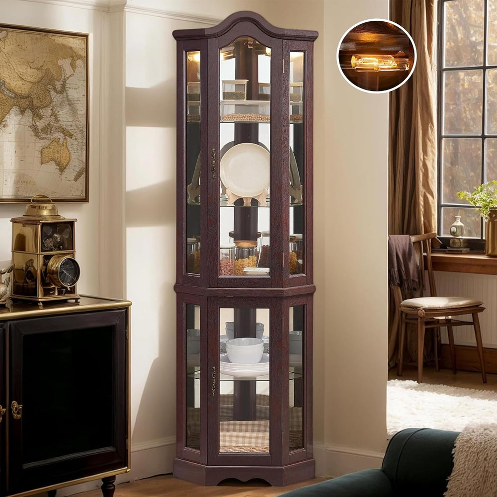 Lighted Corner Curio Cabinet 70.5" Tall Wooden China Cabinet with Temper...
