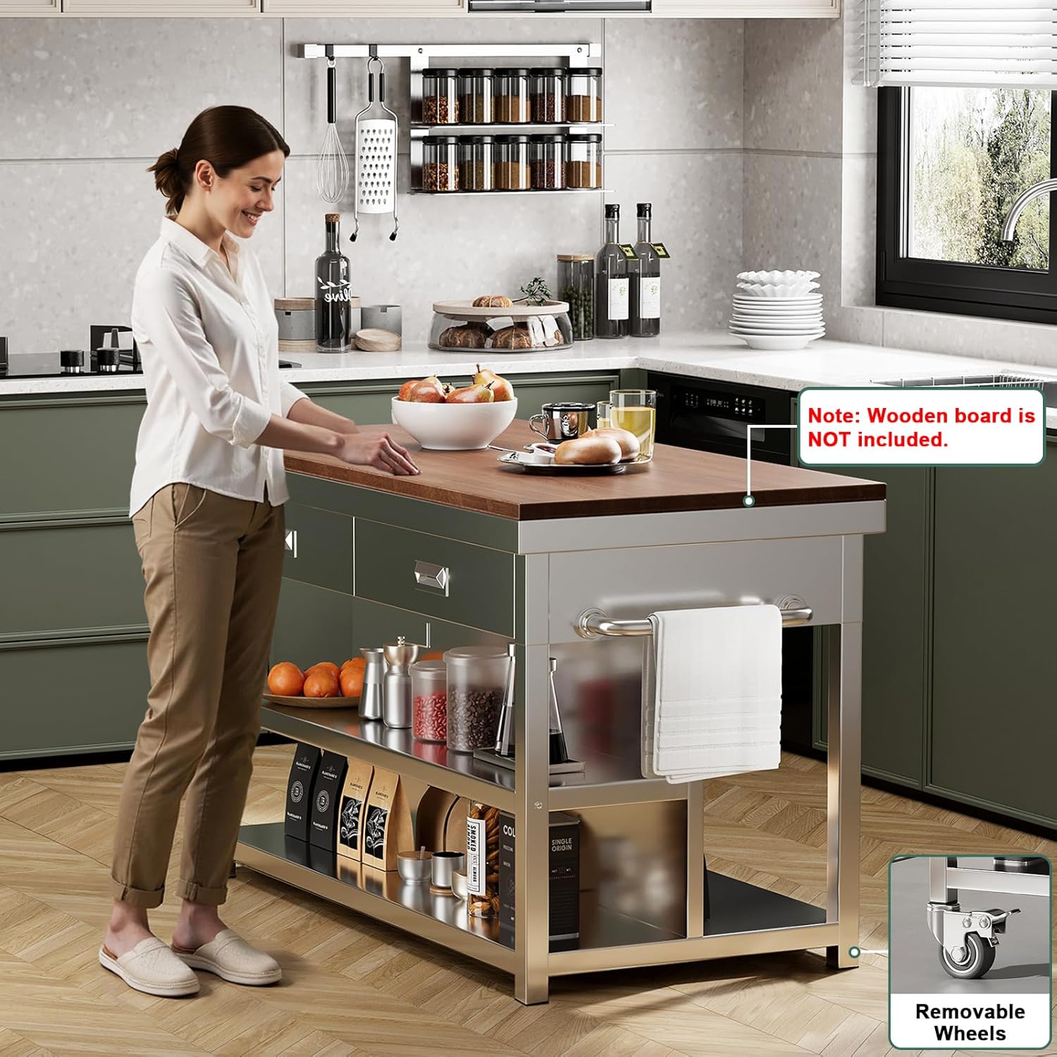 Stainless Steel Kitchen Island with Storage, Rolling Kitchen Island Cart on Wheels with 2 Drawers, Industrial Kitchen Cart, Commercial Portable Island for Kitchen, Bar, Outdoor Patio, 25 x 50 x 37 in
