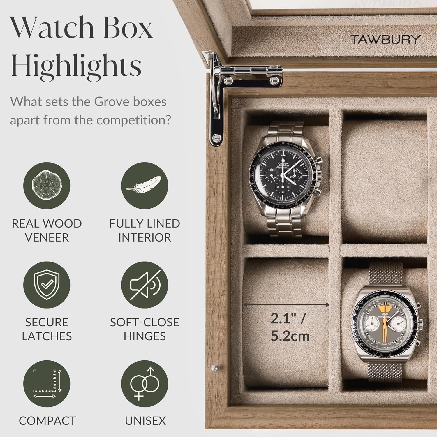 TAWBURY Wooden Watch Case - 6 Slot Wood Watch Box for Men & Women with Glass Display, Protective Fully Lined Interior and 2-inch Wide Pillows for Large Watches (Light Walnut)