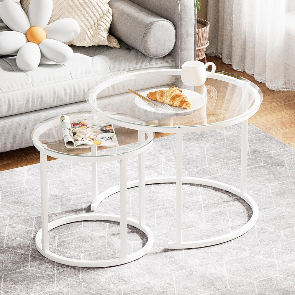 aboxoo White Nesting Glass Table Set of 2, Small Glass Round Nesting Tables f...