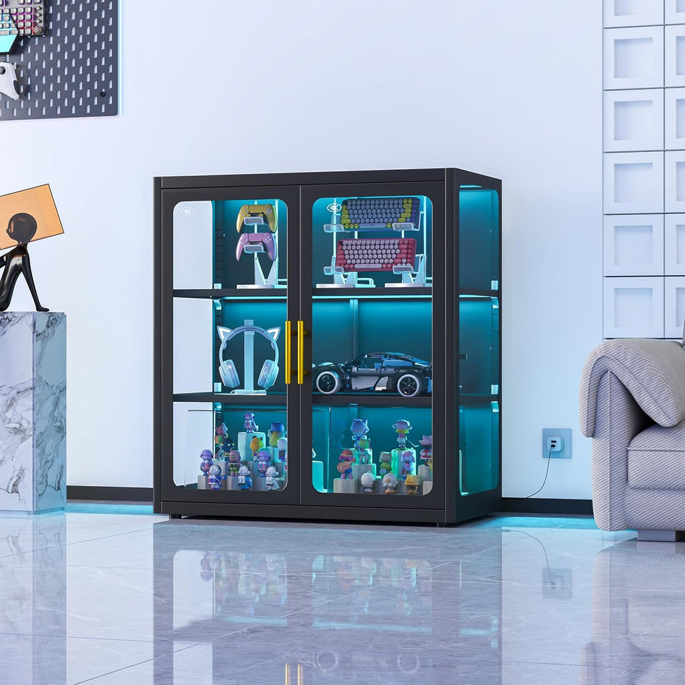 PAOFIN 34" Display Cabinet with Glass Doors, Curio Cabinet with Many Col...