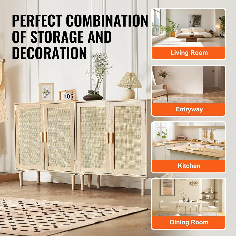 VEVOR Rattan Buffet Cabinet with Storage, 4 Magnetic Doors and Adjustable She...