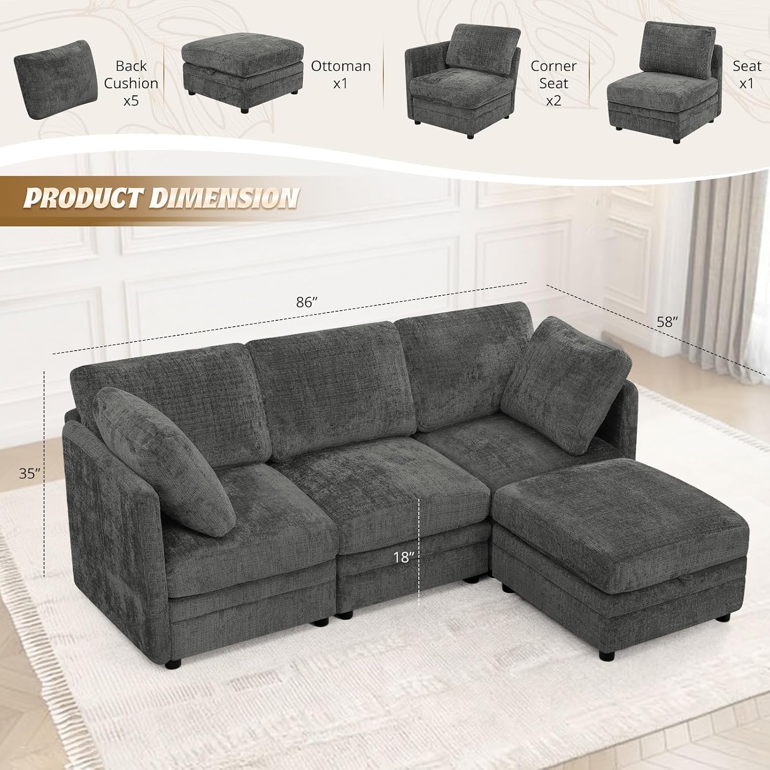 86” 4-Seater Chenille Modular Couch w/Adjustable Backrest, Grey | Upholstered L-Shape Sectional Sofa with Removable Ottoman, Convertible Sleeper Sofa with Storage Seats for Living Room