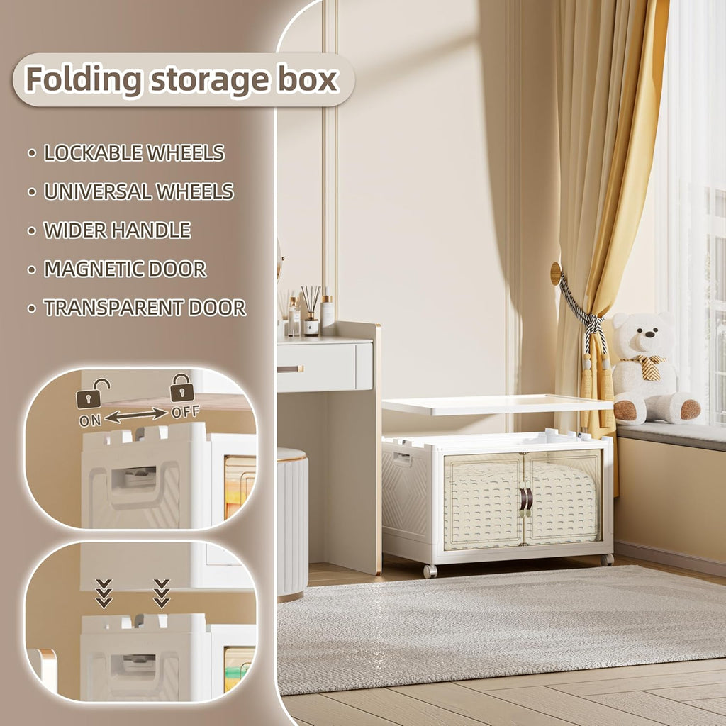 104 QT / 26 Gal Large Foldable Stackable Plastic Storage Cabinet with Double Magnetic Doors, Leather Handles & 4 Wheels - Organize Home, Office, Closet