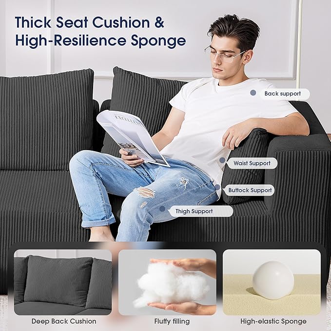 KINGYES Boneless Chaise Lounge Chair for Modular Sectional Sofa, L Shape Corduroy Upholstered Chaise Lounge for Living Room, Gray