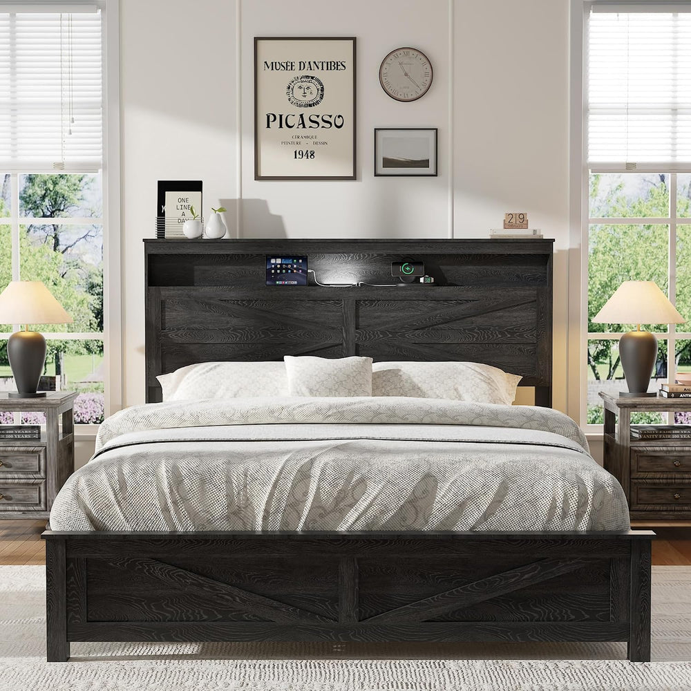 Queen Size Farmhouse Wooden Bed Frame with Storage Headboard