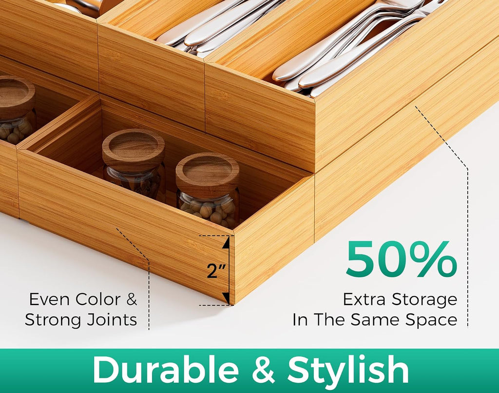 Long Bamboo Kitchen Drawer Organizer Boxes 17" x 6" Wood Pantry Organizers | Set of 2 Stackable Wooden Silverware Utensil Tray for Drawers Bins Cutlery & Flatware Storage for Junk Drawer Bathroom Rv