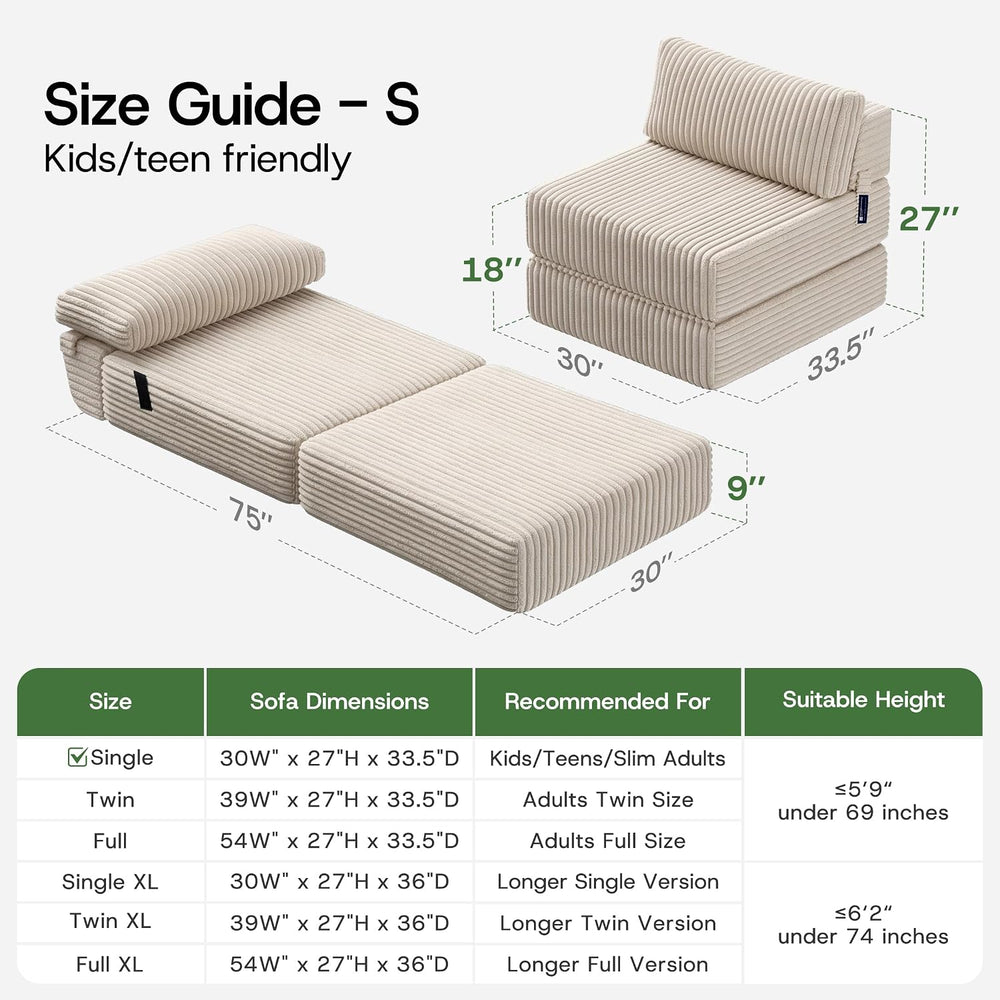 Convertible 4-in-1 Folding Sofa Bed Sleeper Chair, Single Beige | MEGAYES Fol...