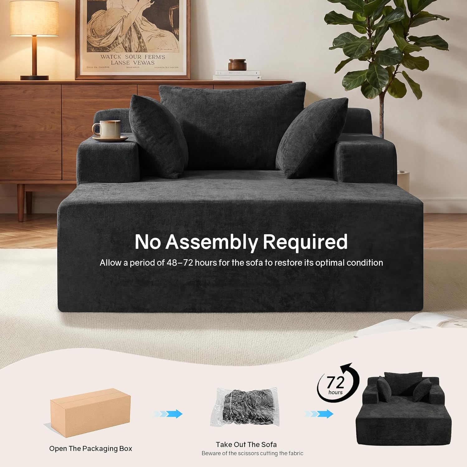 66" Chaise Lounge Chair Indoor, Oversized Boneless Lounge Chair with 3 Pillows, Chenille Cloud Reading Chair for Living Room Bedroom, Deep Seat Sleeper Couch, No Assembly Required