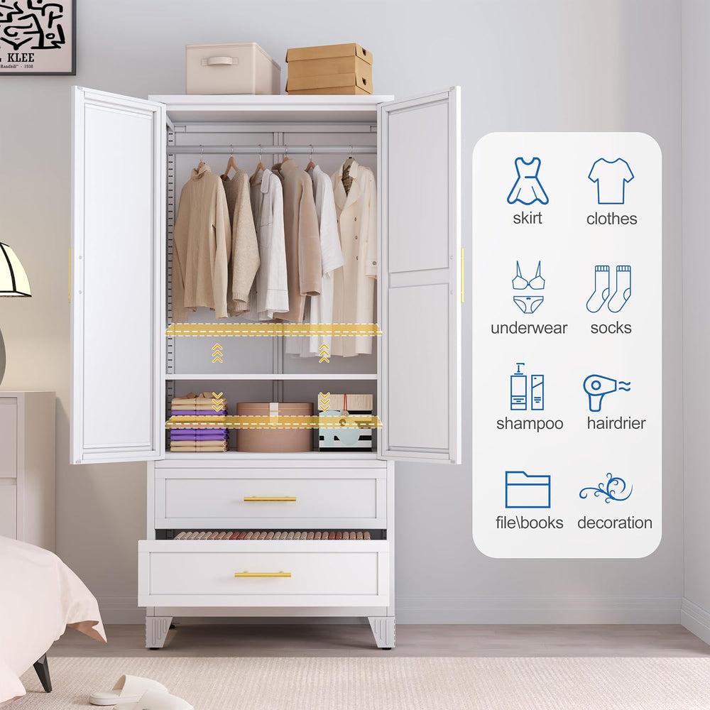 GAIOUS Steel Armoire Wardrobe Closet with Mirror and 2 Drawers 71" White...