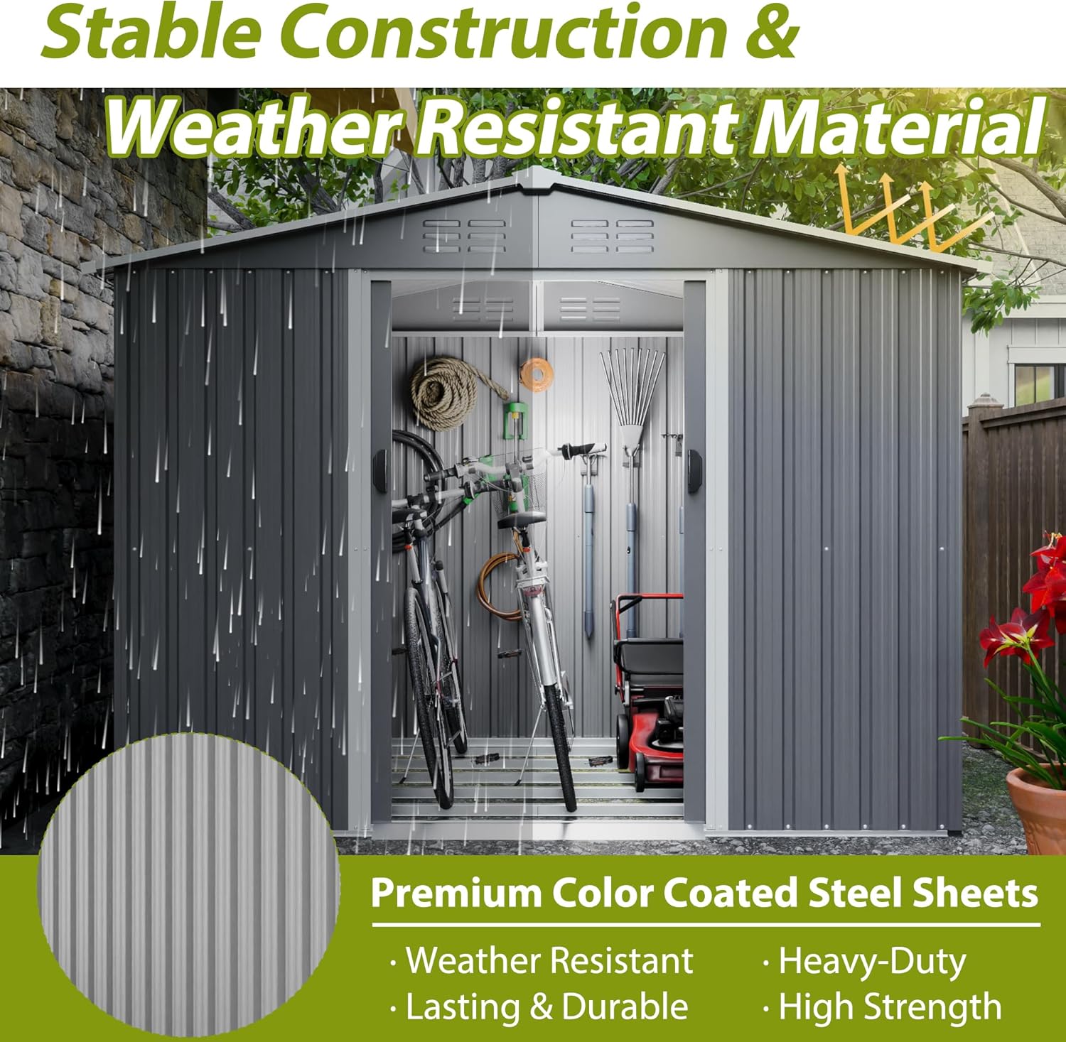 Metal Outdoor Storage Sheds 8 x 6 FT Lockable Metal Garden Shed Steel Anti-Corrosion Storage House with Double Lockable Door for Backyard Outdoor Patio