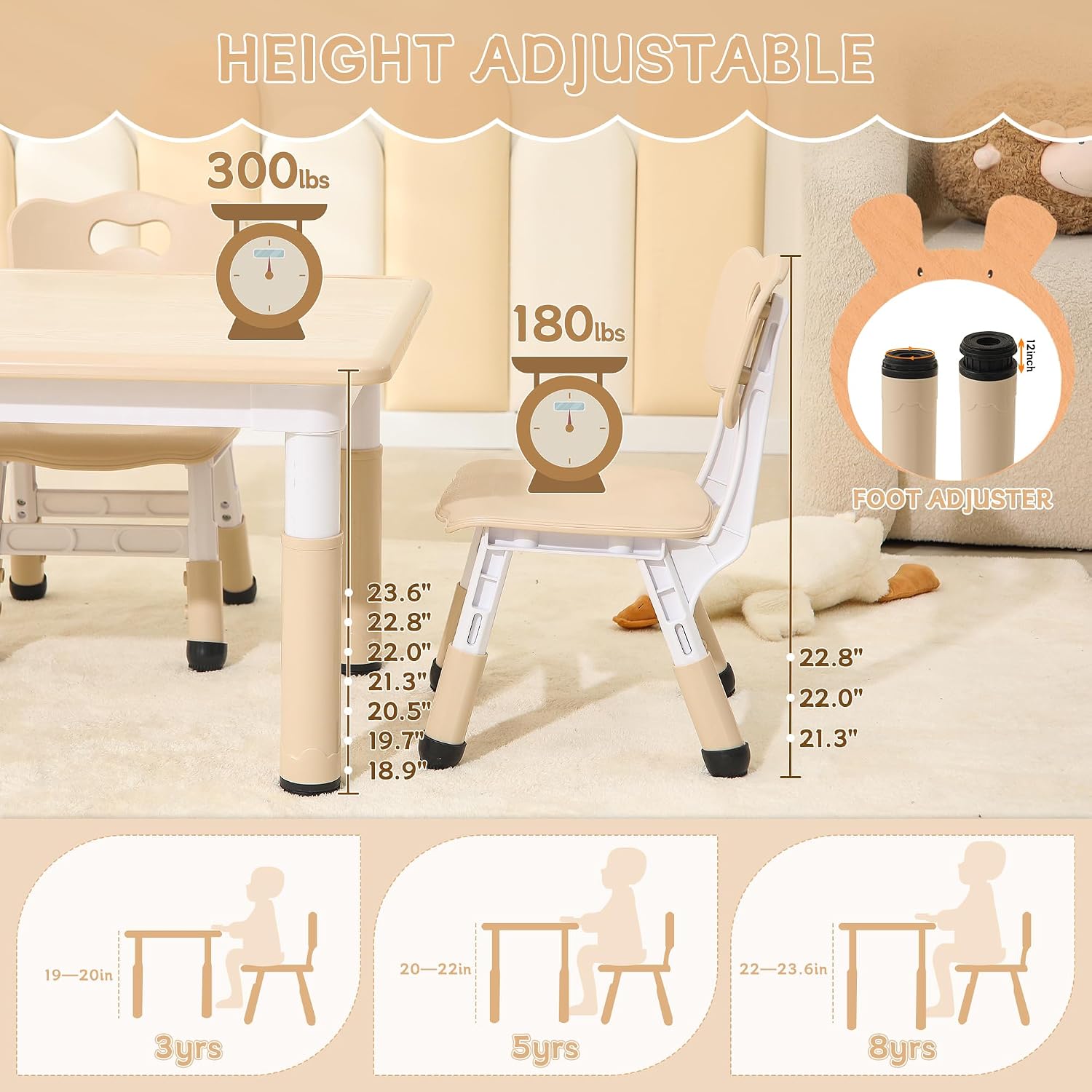 Kids Table & Chairs Set, Height Adjustable Toddler Study Table with Anti-Slip Foot Covers, Ages 2-10