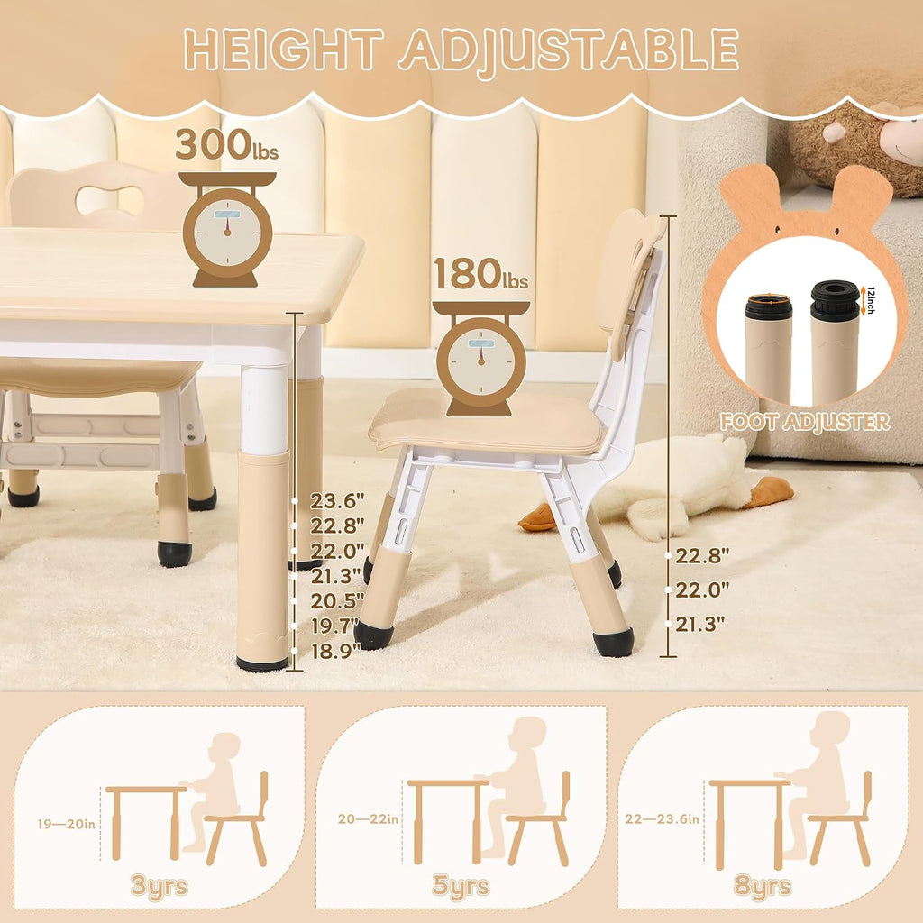Height-Adjustable Kids Table and Chairs, 31.5''L x 23.6''W Toddler Table and 4 Chairs Set with Anti-Slip Foot Covers, Children Activity Table for Ages 2-10, Graffiti Desktop