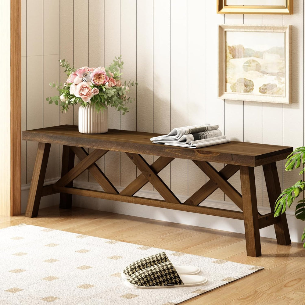 Wnutrees 54" Farmhouse Wood Bench, Rustic Solid Wood Entryway Bench Seat...