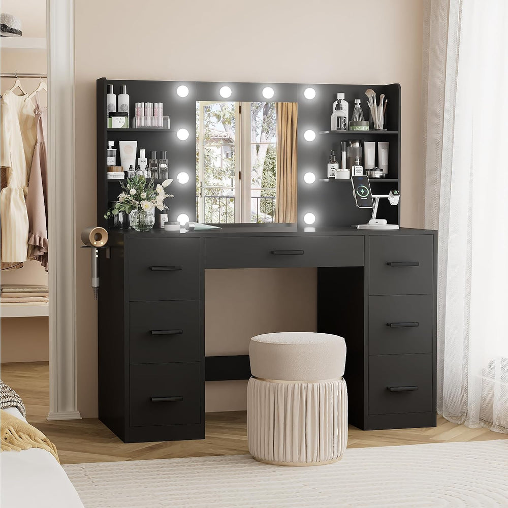 YESHOMY Vanity Desk with Mirror, Outlet, 10 Lights & 7 Drawers,Black | Li...