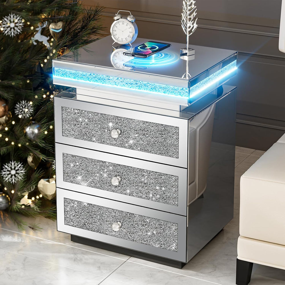 IKIFLY Mirrored Nightstand with Wireless Charging Station, Modern LED Side Ta...