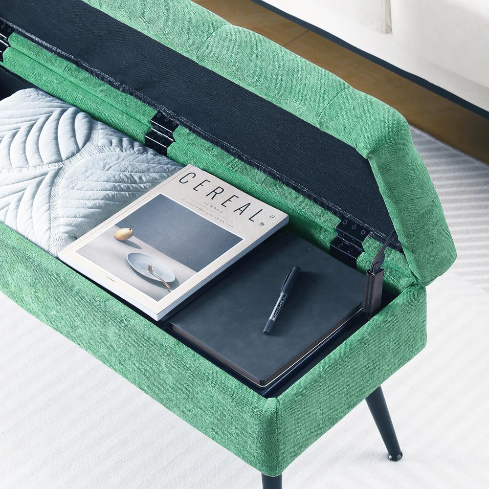 Storage Ottoman Long Upholstered Entryway Bench, 43.5" Fabric Green | La...