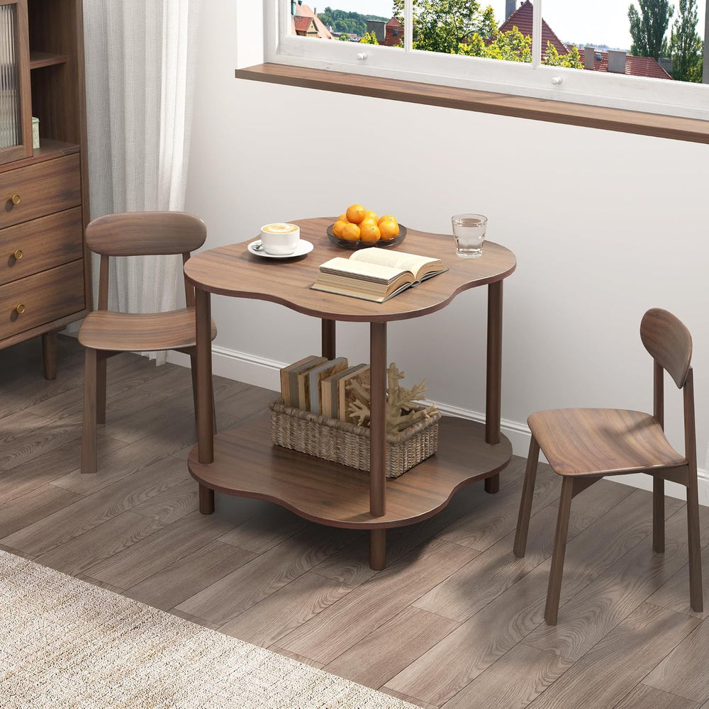 Wood End Side Table with Storage Shelf, 2-Tier Flower Shaped Coffee Table for...