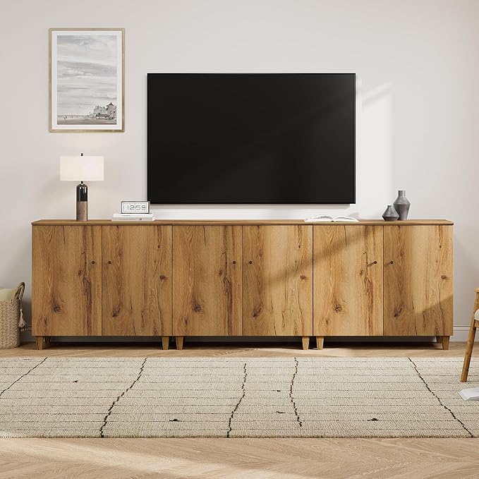 WAMPAT TV Stand Cabinets for 85+ Inches TVs, 3-in-1 Wood Entertainment Center with Doors and 9 Compartments, 106" Modern Media Console Table with Storage for Living Room Bedroom, Oak Brown