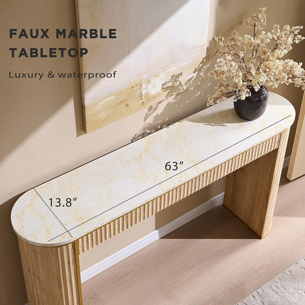OKD 63-Inch Fluted Console Table, Narrow Entryway Table, Natural Oak