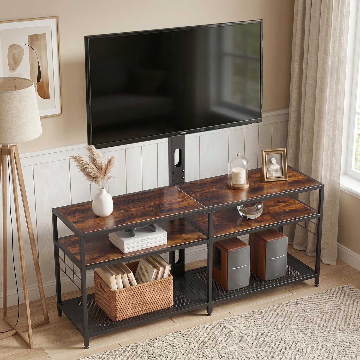 VECELO TV Stand with Mount, Universal Swivel TV Console for 32-75 inch TVs, 55" Entertainment Center with Storage Shelves, for Living Room, Bedroom, Rustic Brown