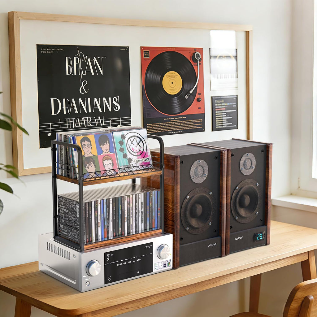 Alyoen 2-Tier CD Holder, CD Storage Rack, CD Organizer with Display Top Shelf, CD Case Holder for Home Office, Holds Up to 60 Standard, Ideal for Music Enthusiasts