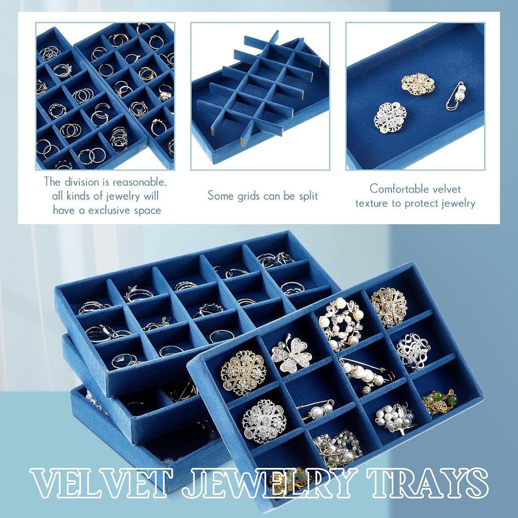 Junkin 12 Pcs Jewelry Tray Velvet Stackable Jewelry Organizer Trays Divided Earring Accessories Storage Containers Box (Rose Red)