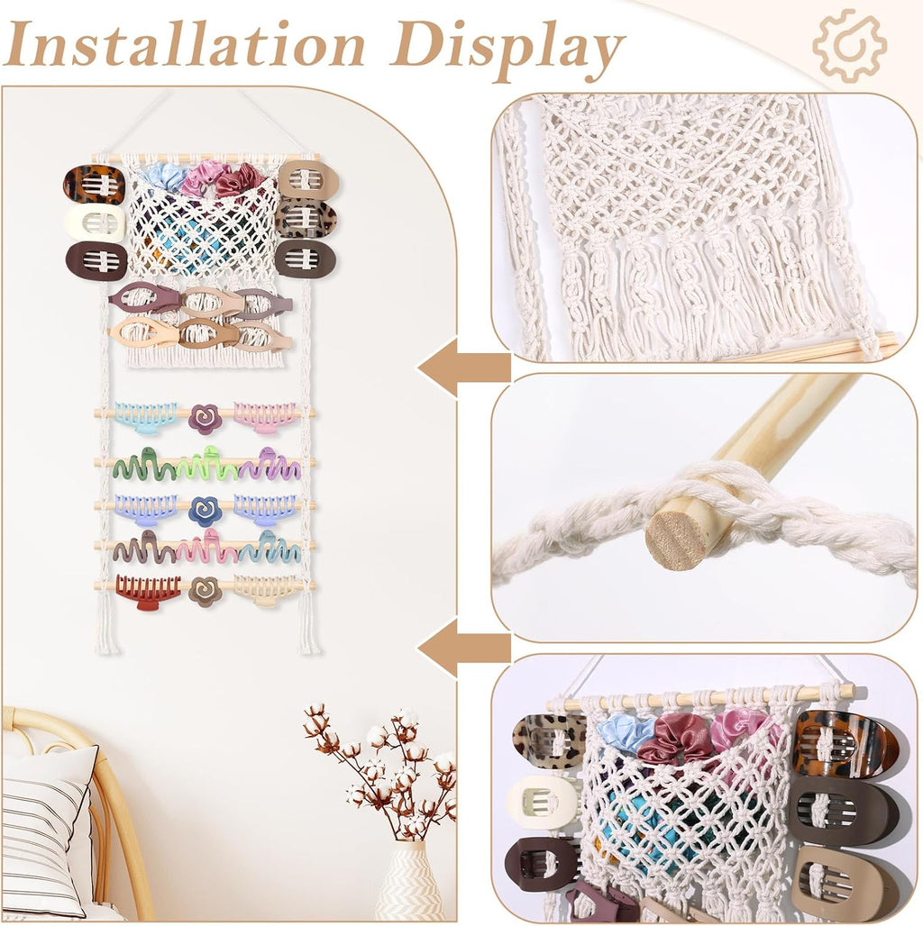 SNOWSTAR Macrame Hair Claw Clip Organizer,Large Capacity Mesh Bag Scrunchies Holder and Hair Ties Organizer for Women Girls,Hair Accessorie Hanging Storage Home Decor Wall,Door
