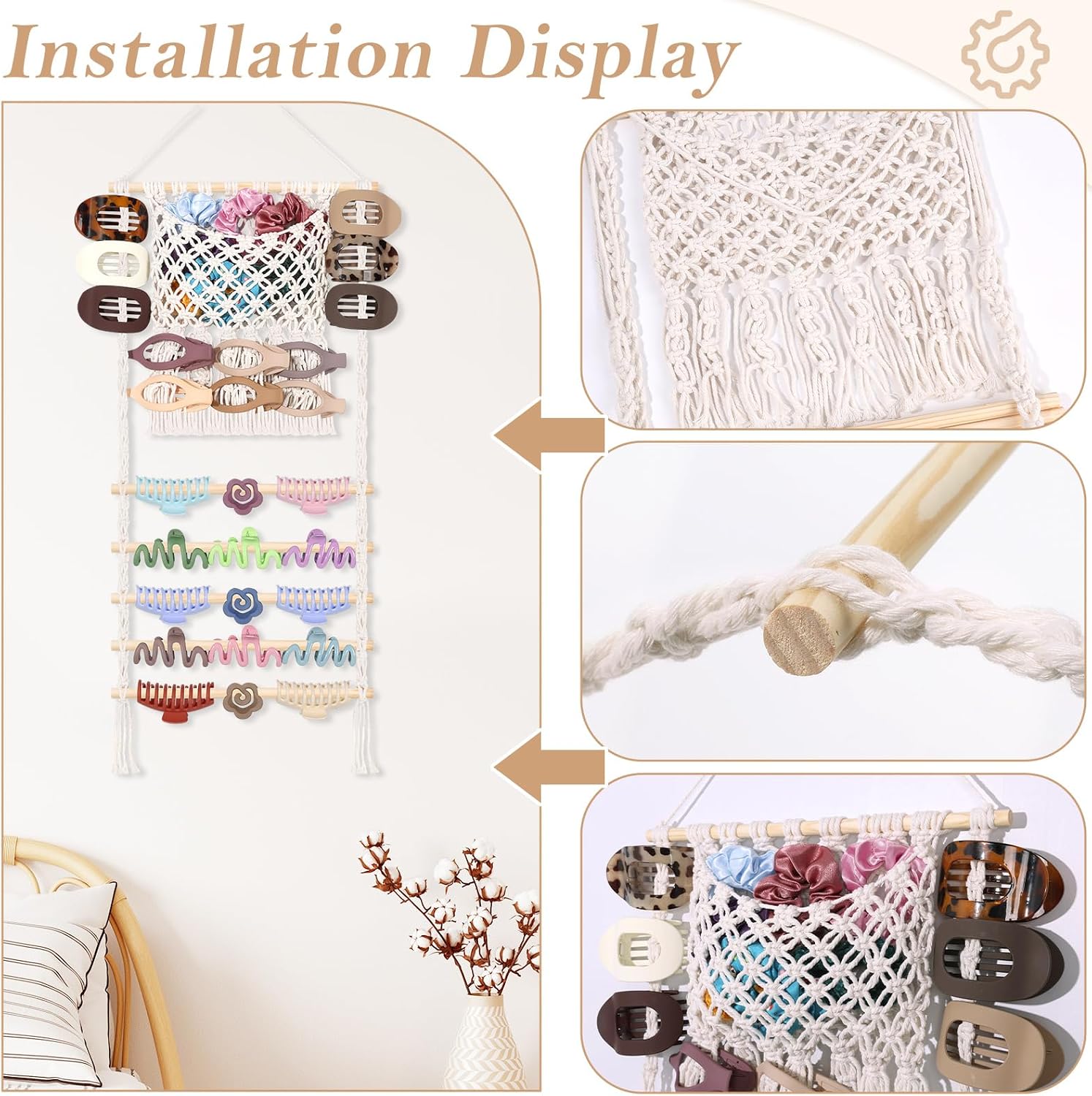 SNOWSTAR Macrame Hair Claw Clip Organizer,Large Capacity Mesh Bag Scrunchies Holder and Hair Ties Organizer for Women Girls,Hair Accessorie Hanging Storage Home Decor Wall,Door