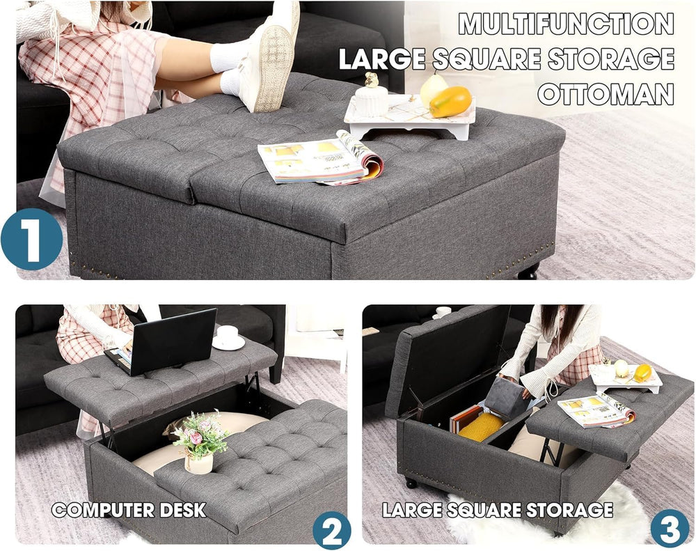 36" Large Square Ottoman with Storage, Tufted Upholstered Storage Ottoma...