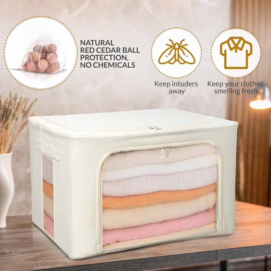 66L Large Cashmere Sweater Storage Bag with Steel Frame | Natural Red Cedar Protection | Foldable Closet Organizer with Oxford Fabric, Mesh Windows | Premium Garment Box for Wool, Winter Coat, Clothes