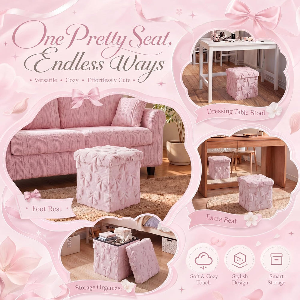 RattanView Storage Ottoman Dorm 12 Inch Pink Bow Cube Ottoman Dorm Back to Sc...