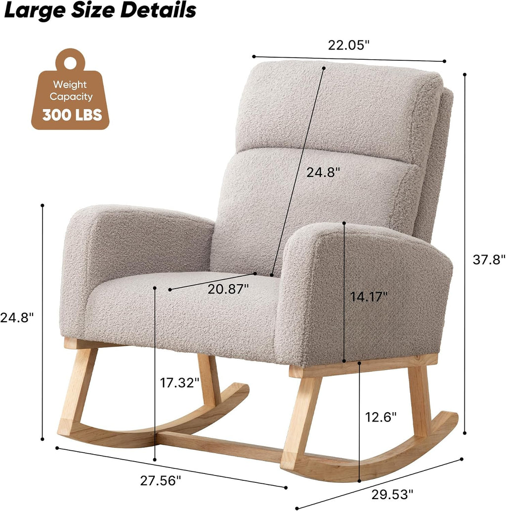 Rocking Chair Nursery, Rocker Nursing Chairs for Breastfeeding with Wood Legs and Side Pocket, Comfortable Glider Roking Chair for Nursery, Living Room, Bedroom,Teddy Light Grey
