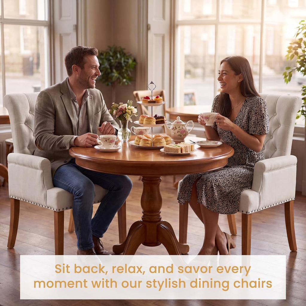 Upholstered Dining Chairs, Modern Fabric Dining Room Chairs with Arms, Tufted High Back Armchair with Solid Wood Legs for Dining Living Room, Kitchen, Beige