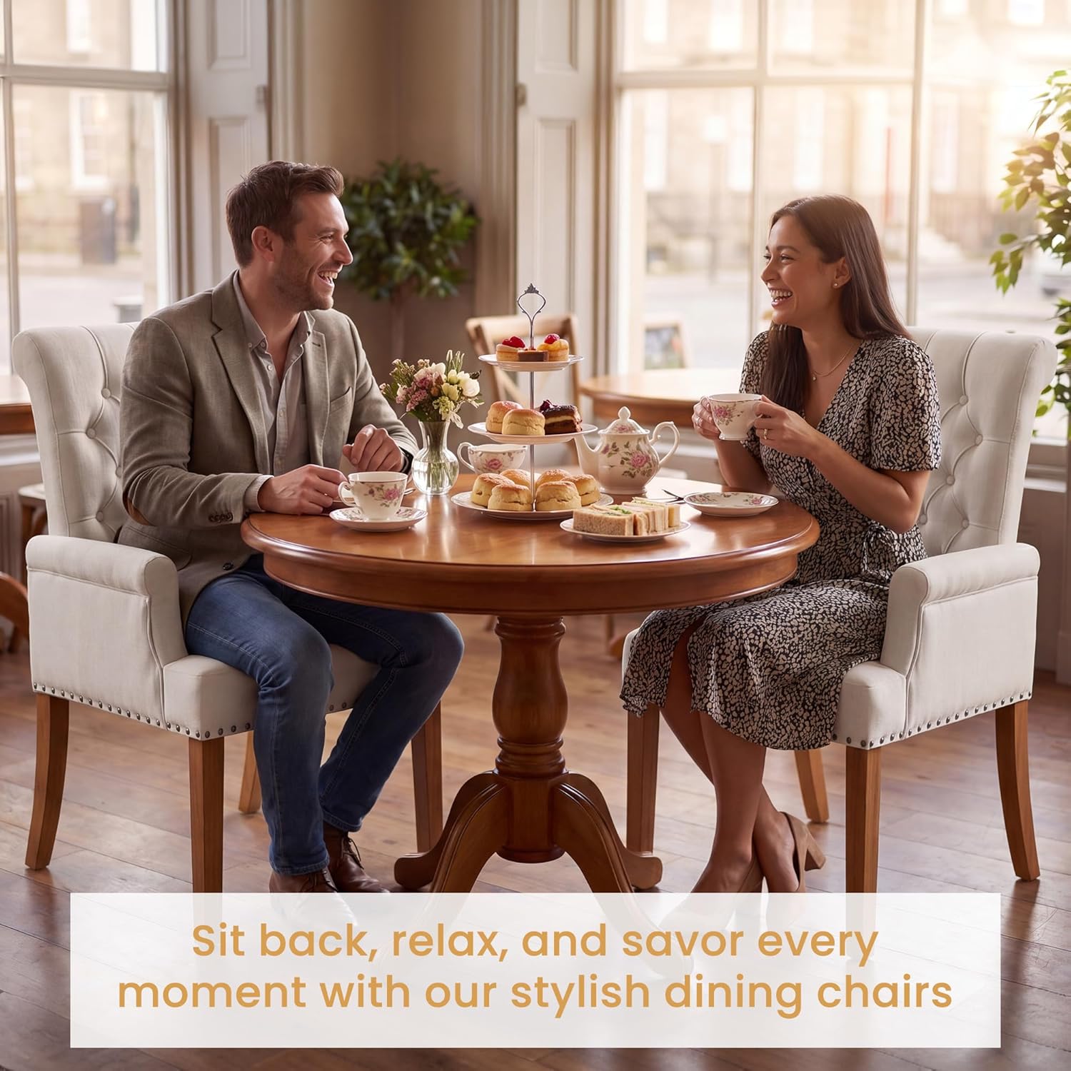 Upholstered Dining Chairs, Modern Fabric Dining Room Chairs with Arms, Tufted High Back Armchair with Solid Wood Legs for Dining Living Room, Kitchen, Beige