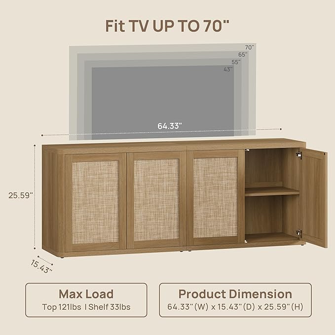 SICOTAS Rattan TV Stand for 65 70 inch TV - Large Entertainment Center TV Consoles for Living Room Bedroom, Farmhouse Television Stands with Storage Cabinet Boho Modular Media Console, Amber Oak