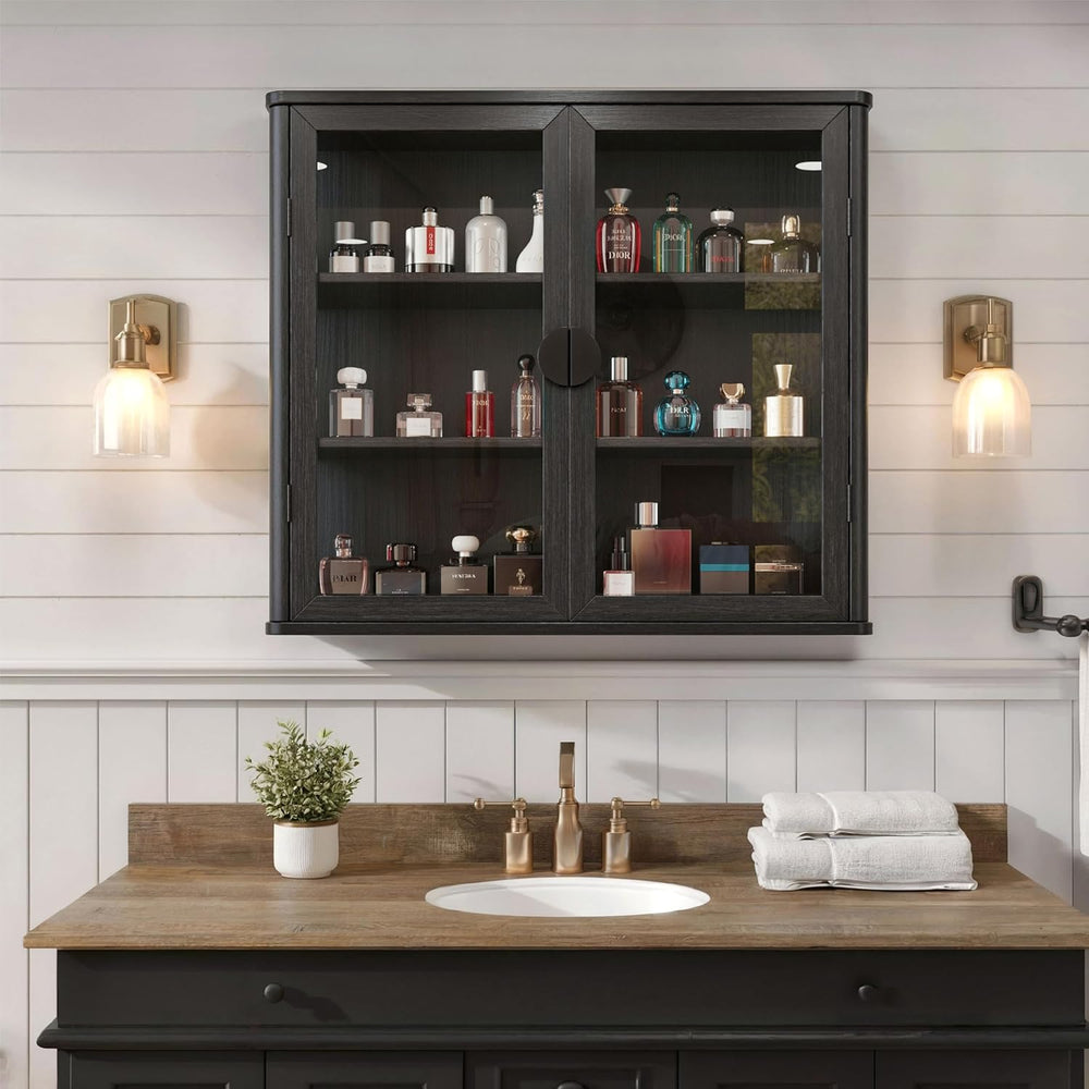 FIMELLO 28’’W Wall Cabinet with Tempered Glass Doors, Bathroom Cabinet Wall M...