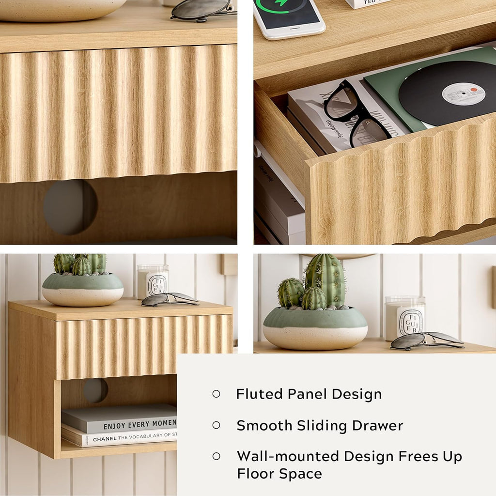 Floating Nightstands Set of 3 with Drawer and Open Shelf, Small Wall Mounted Bedside End Table, Modern Fluted Night Stand for Bedroom, Living Room, Natural Oak