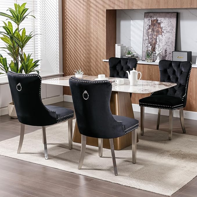 Mid Century Modern Dining Chairs Set of 6, Black Velvet Upholstered Tufted Back, Kitchen & Dining Room Chairs, Brushed Silver Metal Legs, Nailhead Trim, Sillas para Comedor (Black, 6 Pcs)