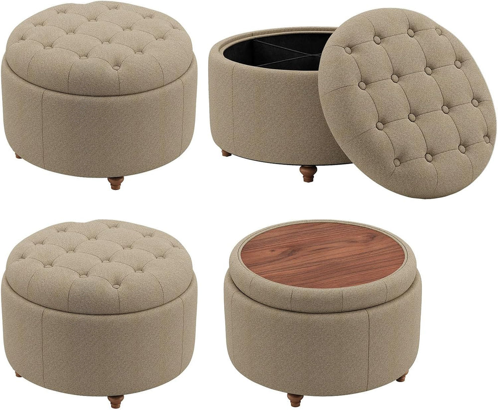 25" Round Ottoman with Storage, Small Coffee Table with Reversible Tray ...