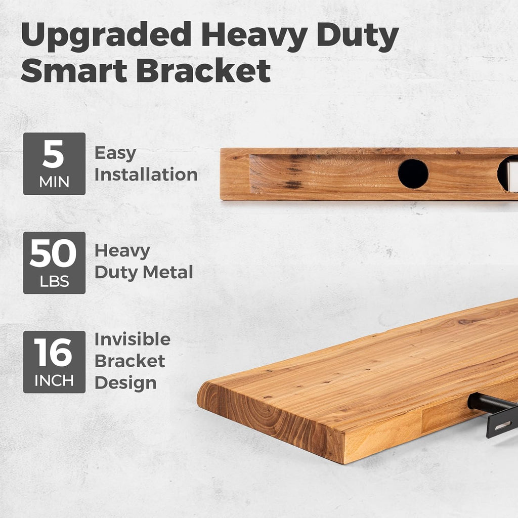 Live Edge Elm Floating Shelves For Wall - 36" W x 9.3" D Rustic Solid Wood Shelves with Invisible Bracket, Wall-Mounted Storage & Display Shelf for Living Room Bedroom Kitchen, Set of 2, Natural