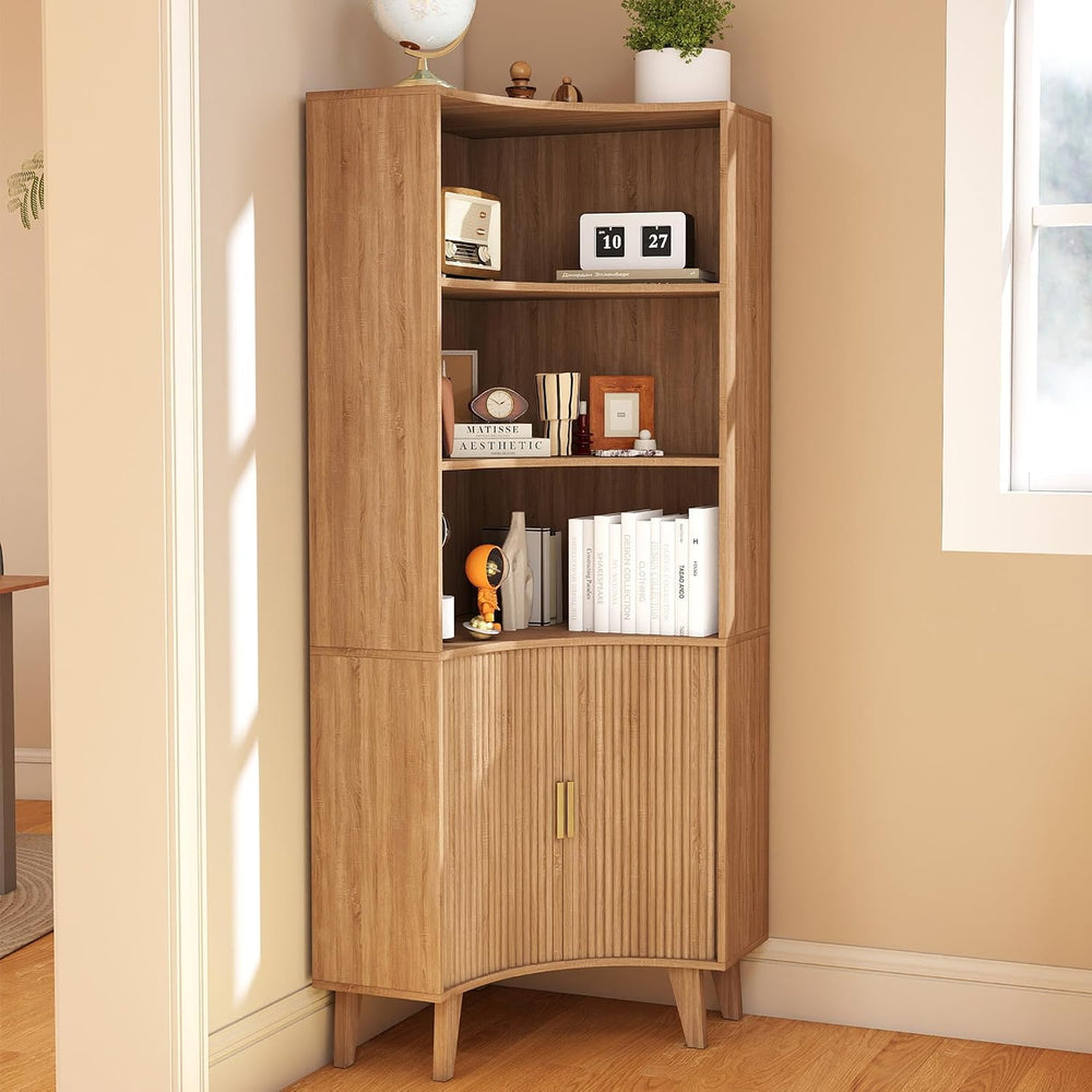 Tall Fluted Corner Cabinet with Sliding Doors,Storage Cabinet,corner shelf