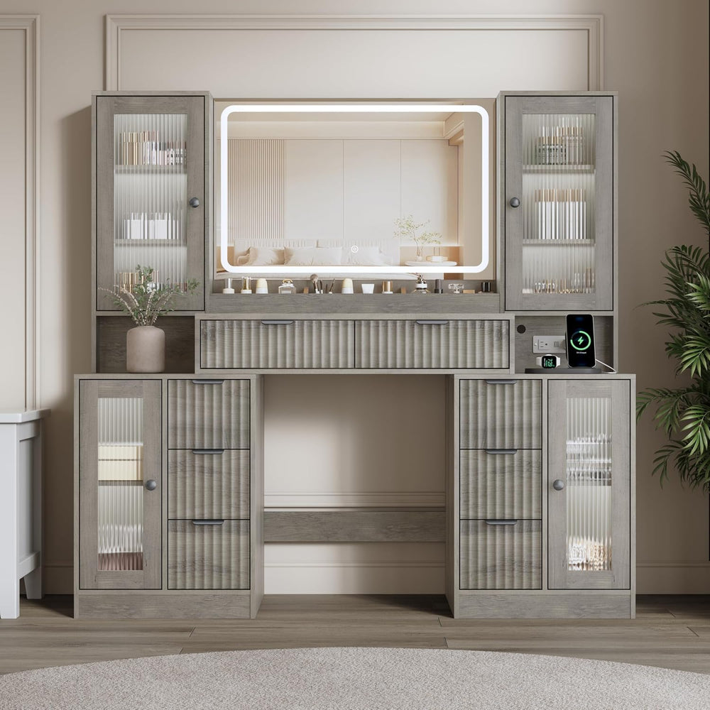 Fluted Vanity Desk with Mirror & Lights | 8 Drawers & 4 Cabinets, Tem...