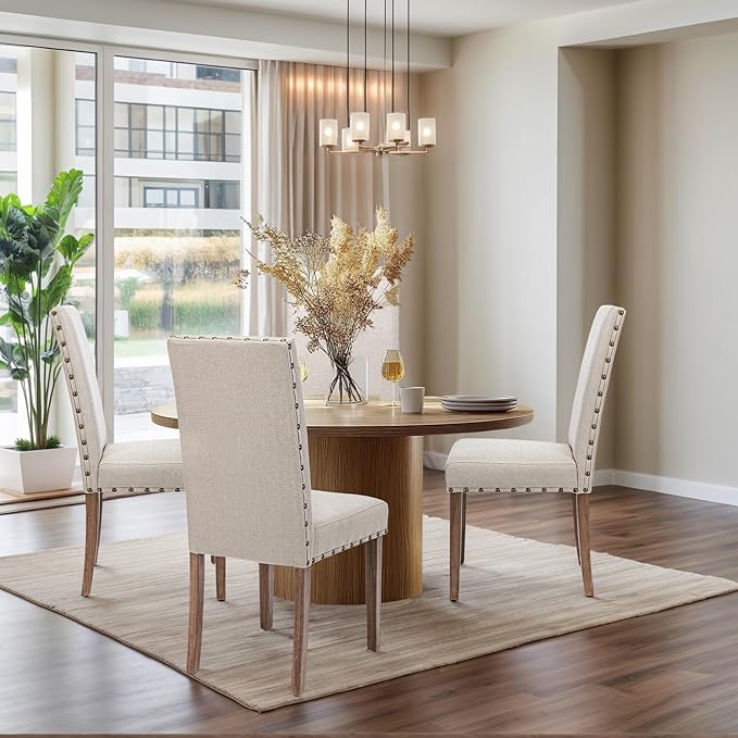 Upholstered Dining Chair Modern Stylish Parsons Kitchen Diner High Back with Bronze Nailhead Trim & Wood Legs, Set of 4, Beige